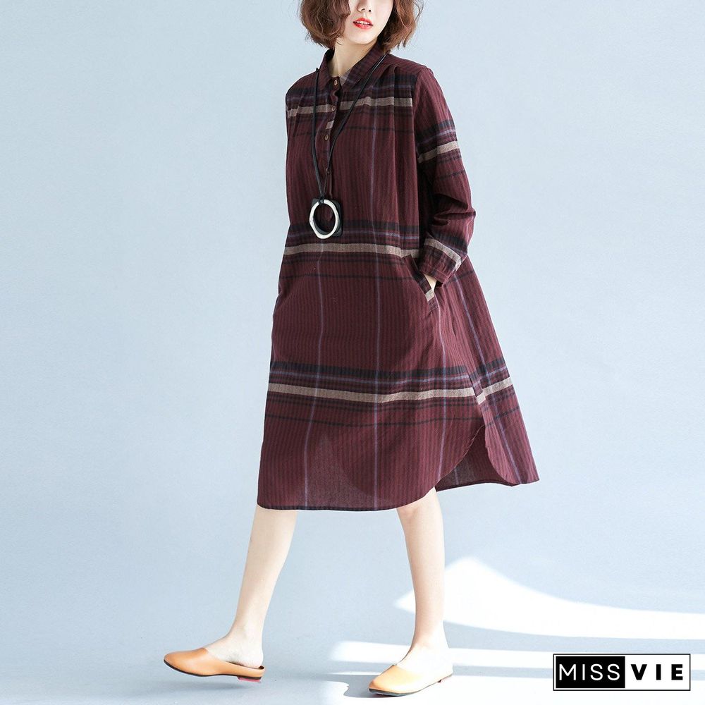 2018 red Plaid natural cotton linen shirt dress plus size traveling dress Elegant long sleeve pockets Turn-down Collar natural cotton linen shirt dress