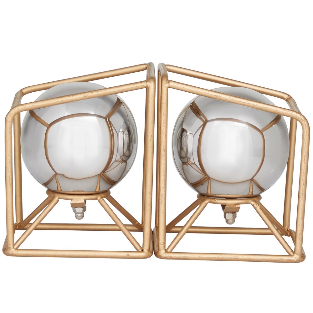 Silver Stainless Steel Orb Geometric Bookends with Gold Base   5.10W x 5.15 L x 5.85H