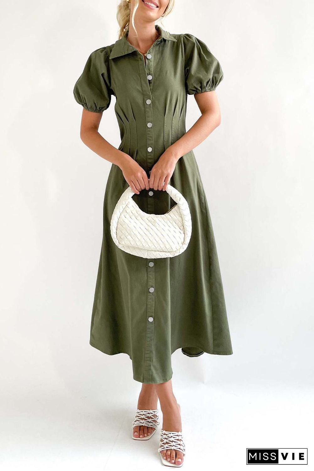 Casual Solid Buckle Turndown Collar A Line Dresses