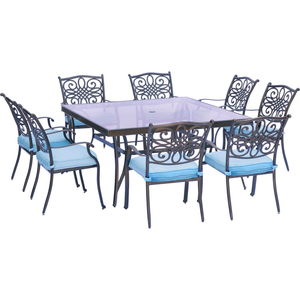 Hanover Traditions Bronze finished Aluminium Blue Cushions 9 piece Dining Set with 60 inch Square Glass top Table