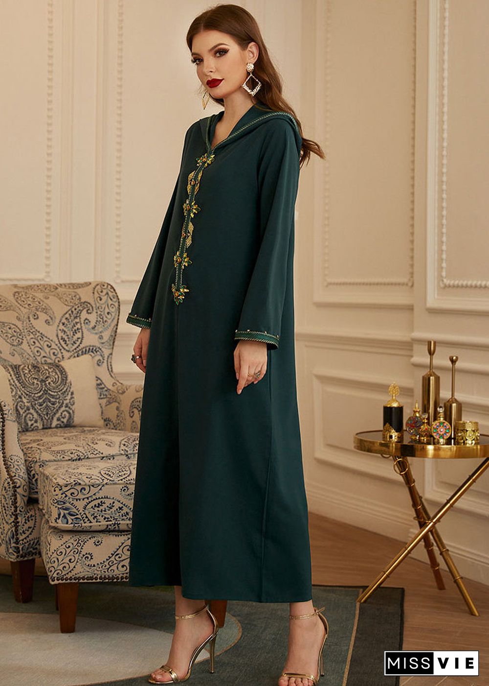 Chic Green Patchwork Zircon Hooded Silk Long Dresses Long Sleeve