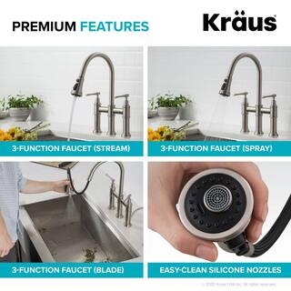 KRAUS Allyn Double Handle Transitional Bridge Kitchen Faucet with Pull-Down Sprayhead in Spot Free Stainless Steel KPF-3121SFS