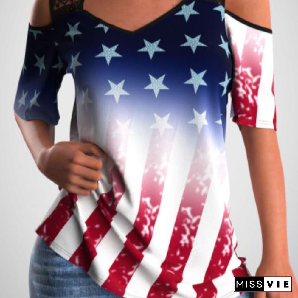 Star Flag Pattern Hollow Sleeve T-Shirt