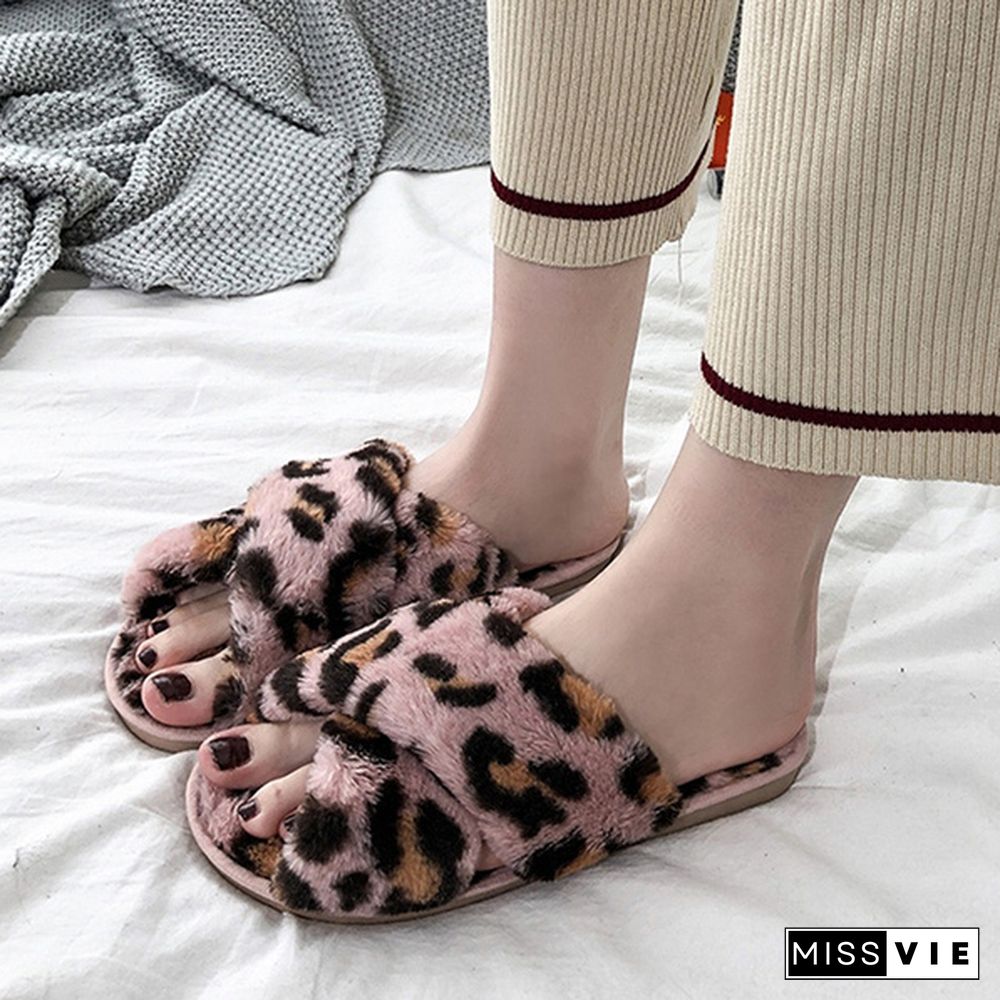 Women Fashion Sexy Flat Leopard Cross Strap Fluffy Soft Slippers Sandals Party Indoor Flip Flop Shoes