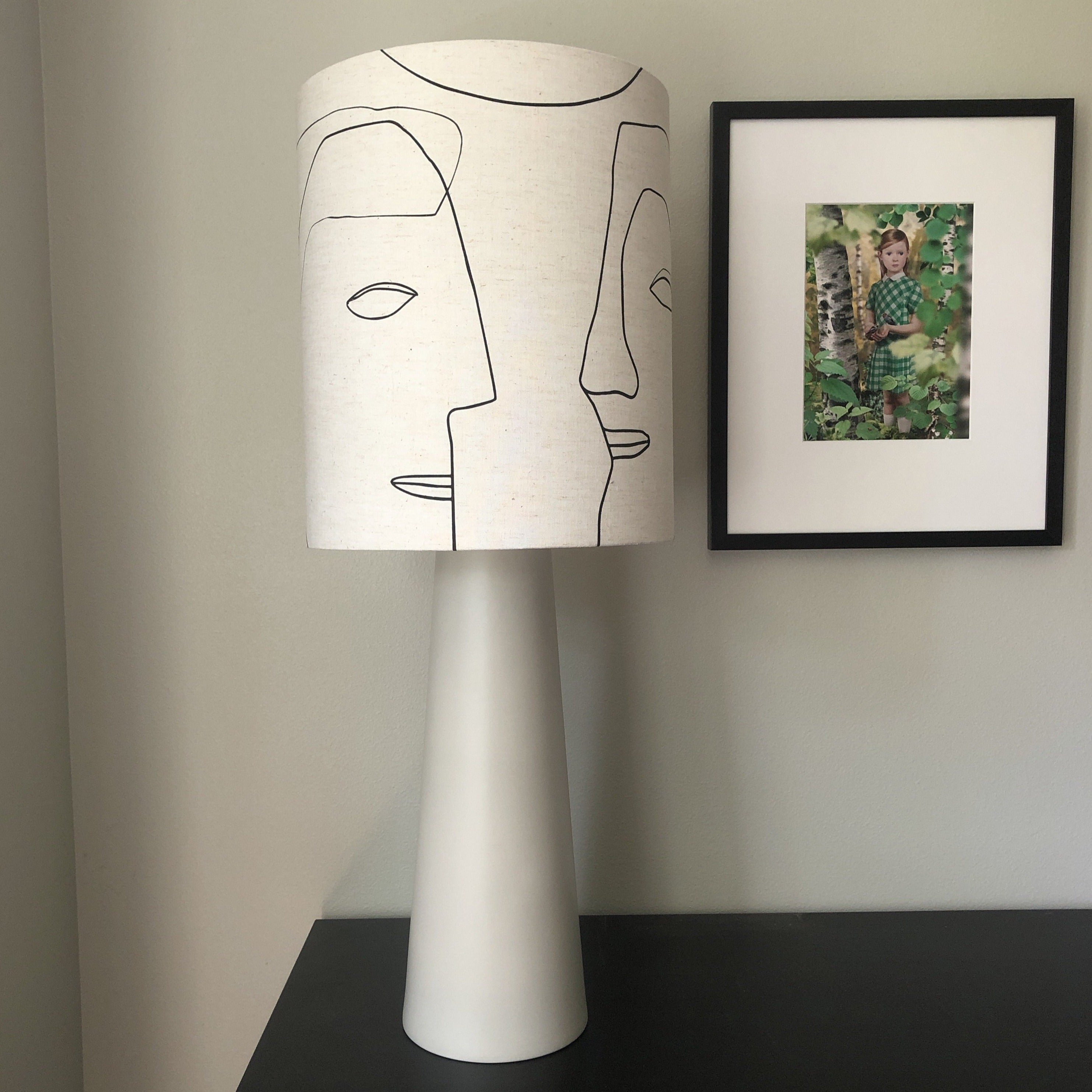 Printed faces table lamp - tall light grey cone base