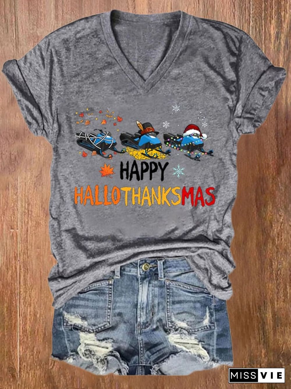 Women's Casual Happy Hallothankmas Print Short Sleeve T-Shirt