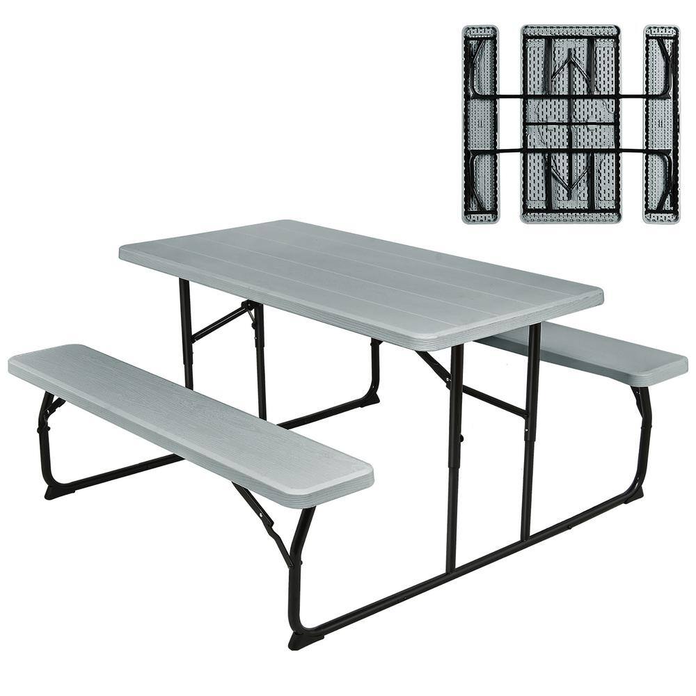 Costway Rectangle Metal Folding Indoor and Outdoor Picnic Table Bench Set with Wood-like Texture Grey OP70672GR