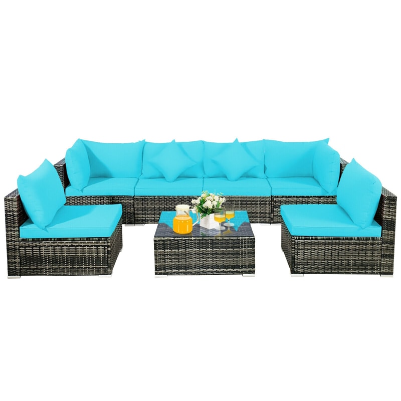 7 Pcs Rattan Patio Sectional Couch Set Outdoor Wicker Furniture Set with Cushions & Coffee Table