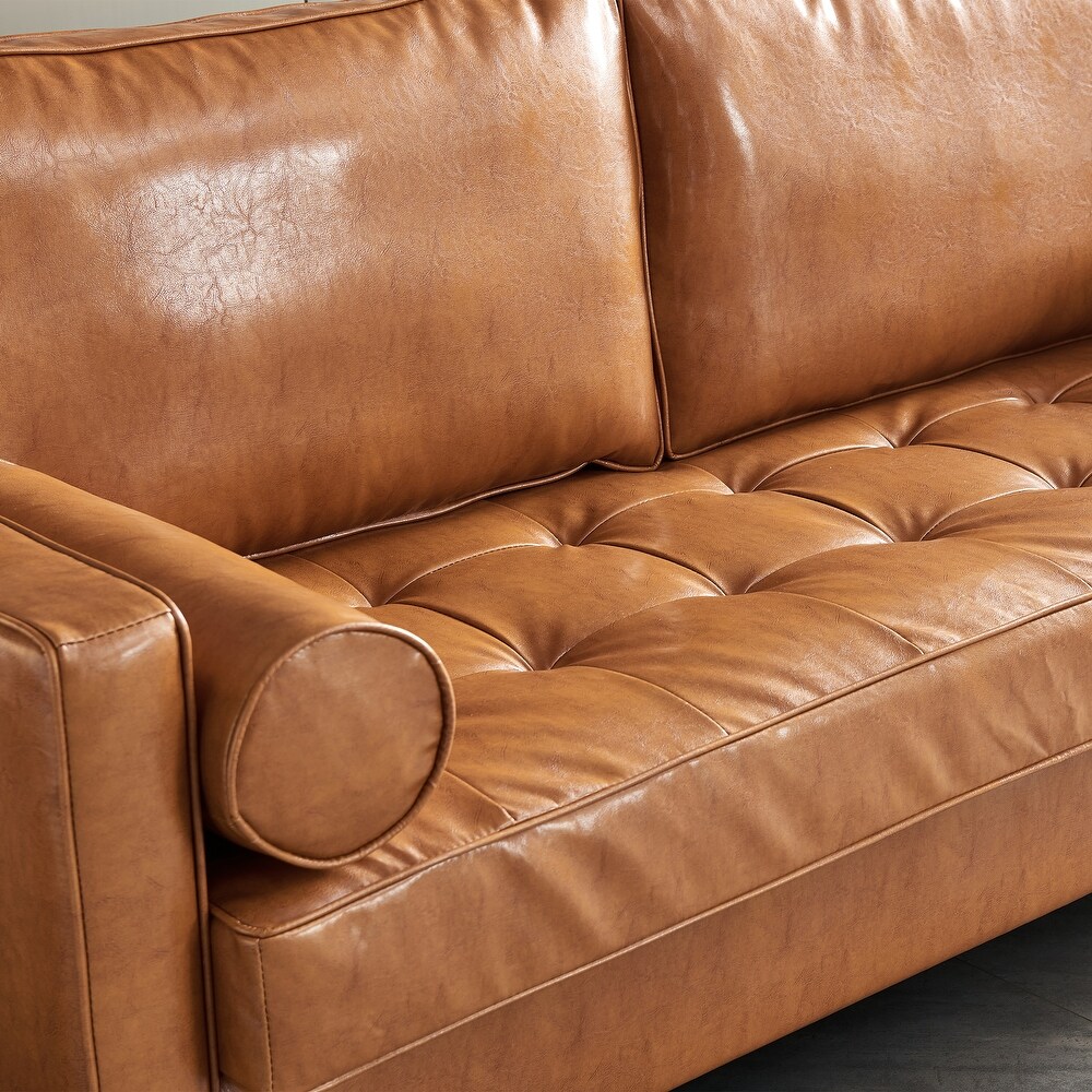 Mid Century Sofa with Hidden Storage Space and Removable Cushion  Faux Leather Sofa with Wood Frame for Living Room