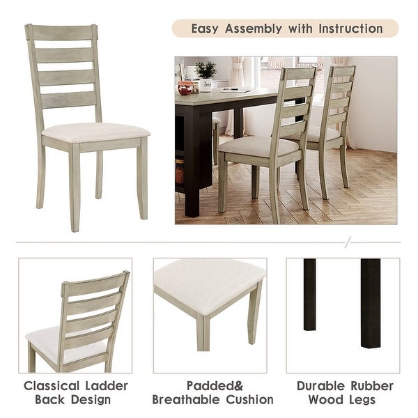 Farmhouse kitchen table set with 2 shelves and 4 upholstered dining chairs， 5 piece table set