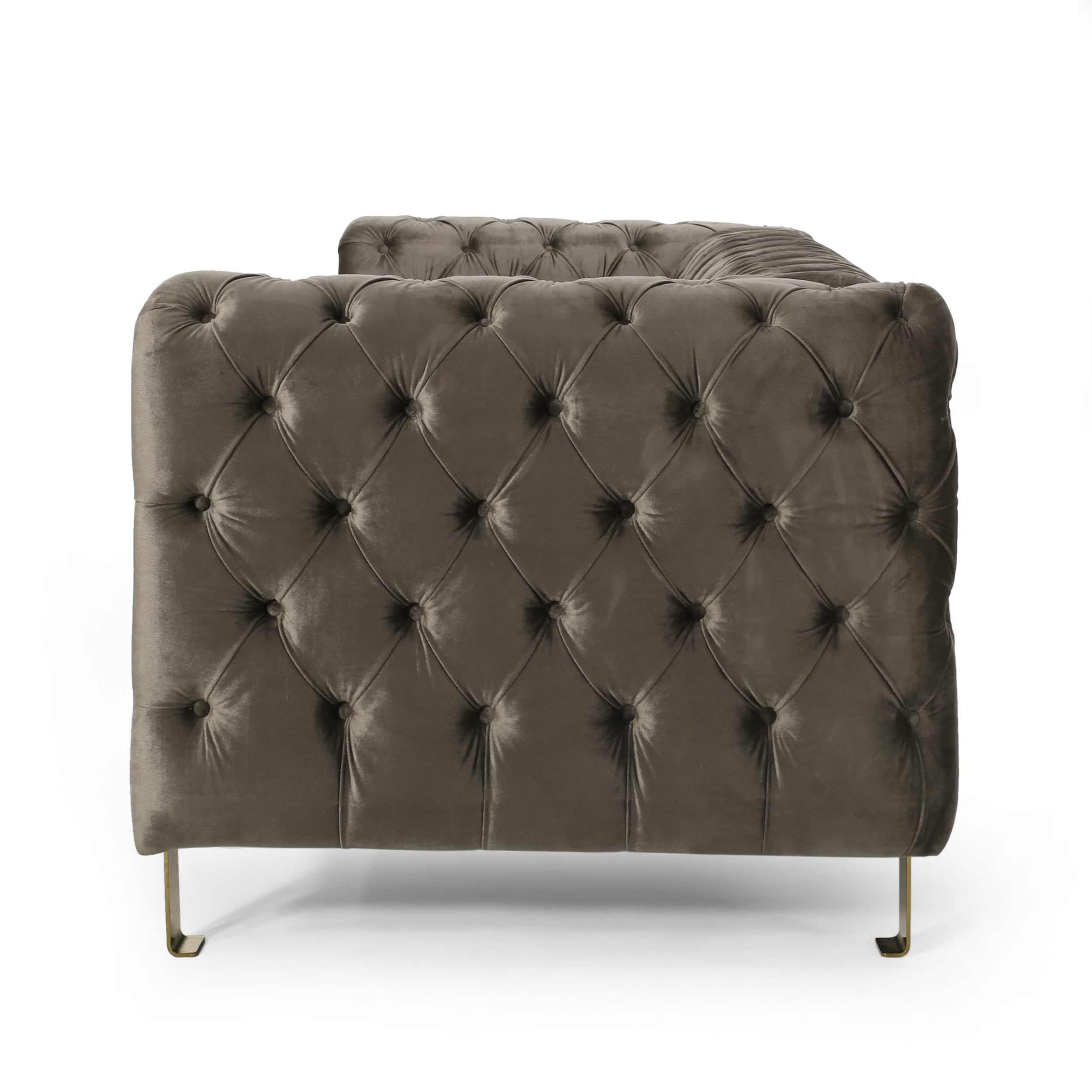 Noble House Addyston Velvet Tufted 3 Seater Sofa, Gray and Gold