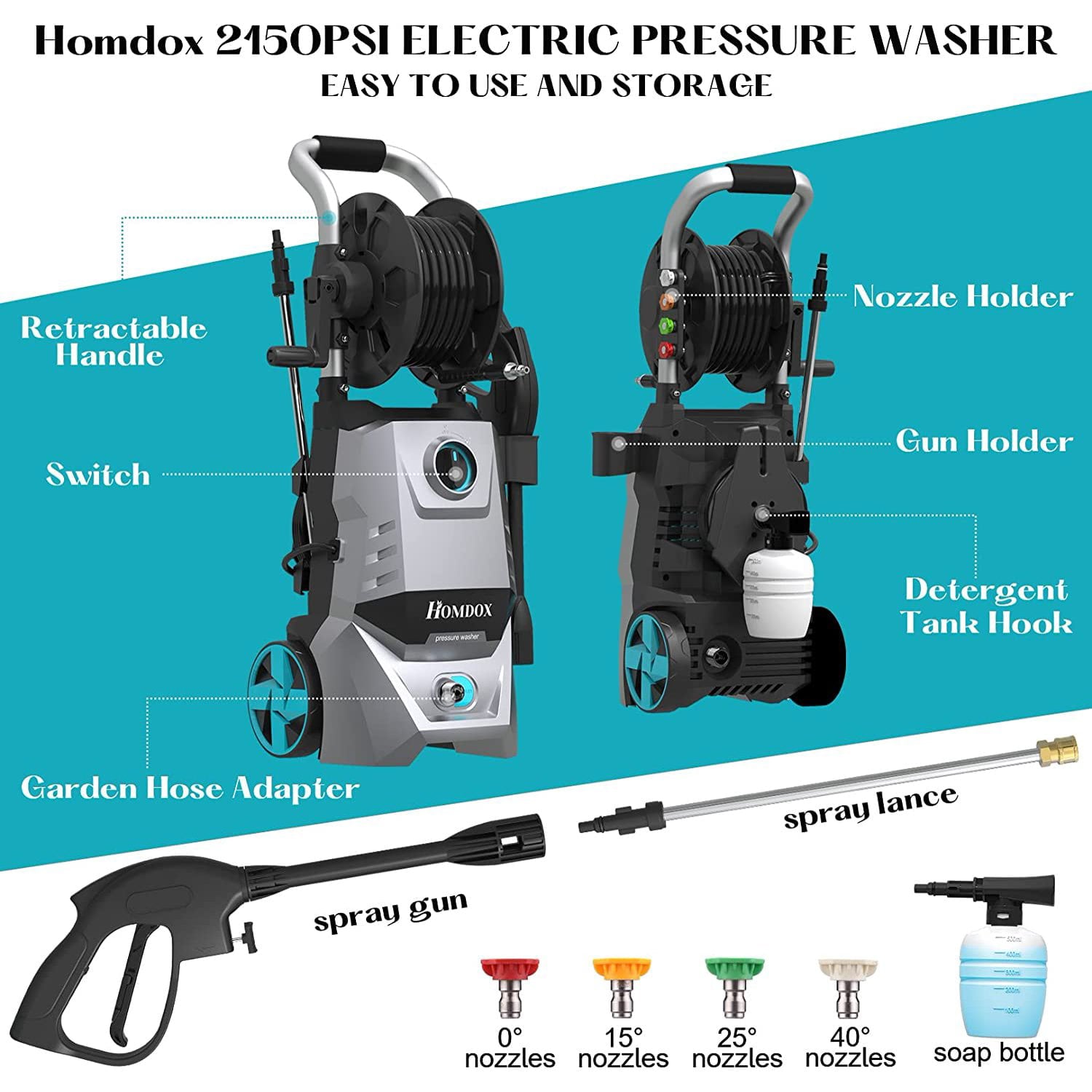 Electric Pressure Washer, 2.3 GPM Pressure Washer 1700W High Power Washer Cleaner Machine with 4 Nozzle Foam Cannon & Hose Reel for Cars,Homes,Driveways,Patios(Silver)