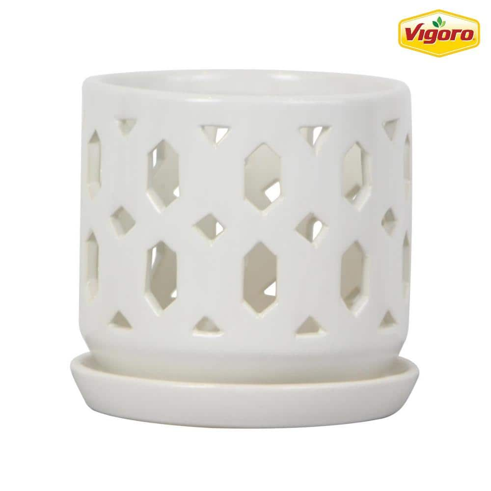 Vigoro 5 in. Dixie Small White Open Orchid Ceramic Planter (5 in. D x 5 in. H) with Drainage Hole and Attached Saucer CR01720S-05W