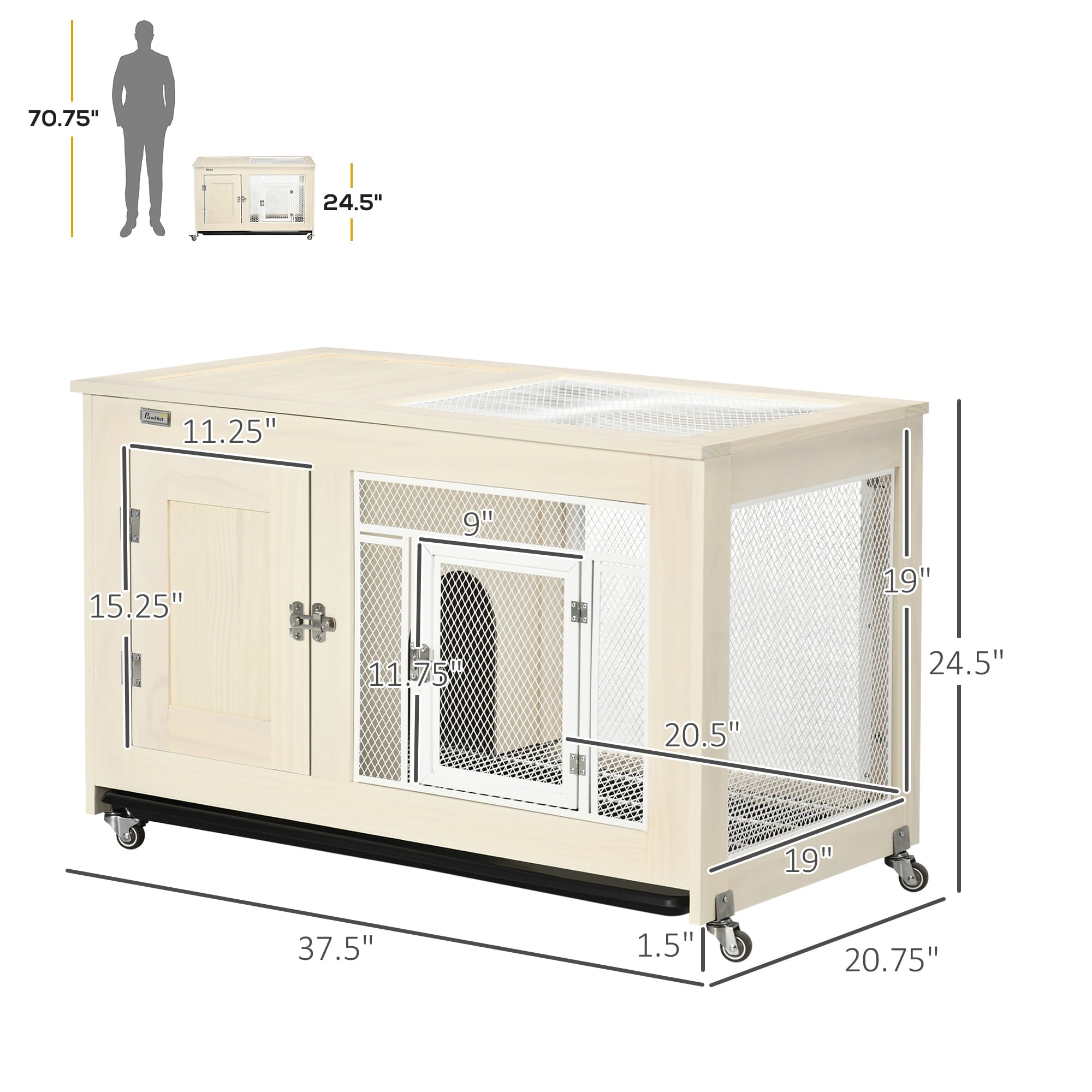 PawHut Small Rabbit Hutch Indoor Bunny Cage on Wheels， Rabbit Habitat with Tough Pinewood， Openable Top， Rabbit Cage Inside， 37.5