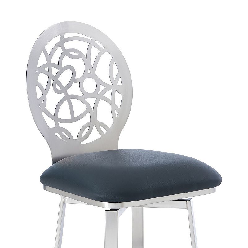 30 Inches Leatherette Barstool with Geometric Backrest， Silver