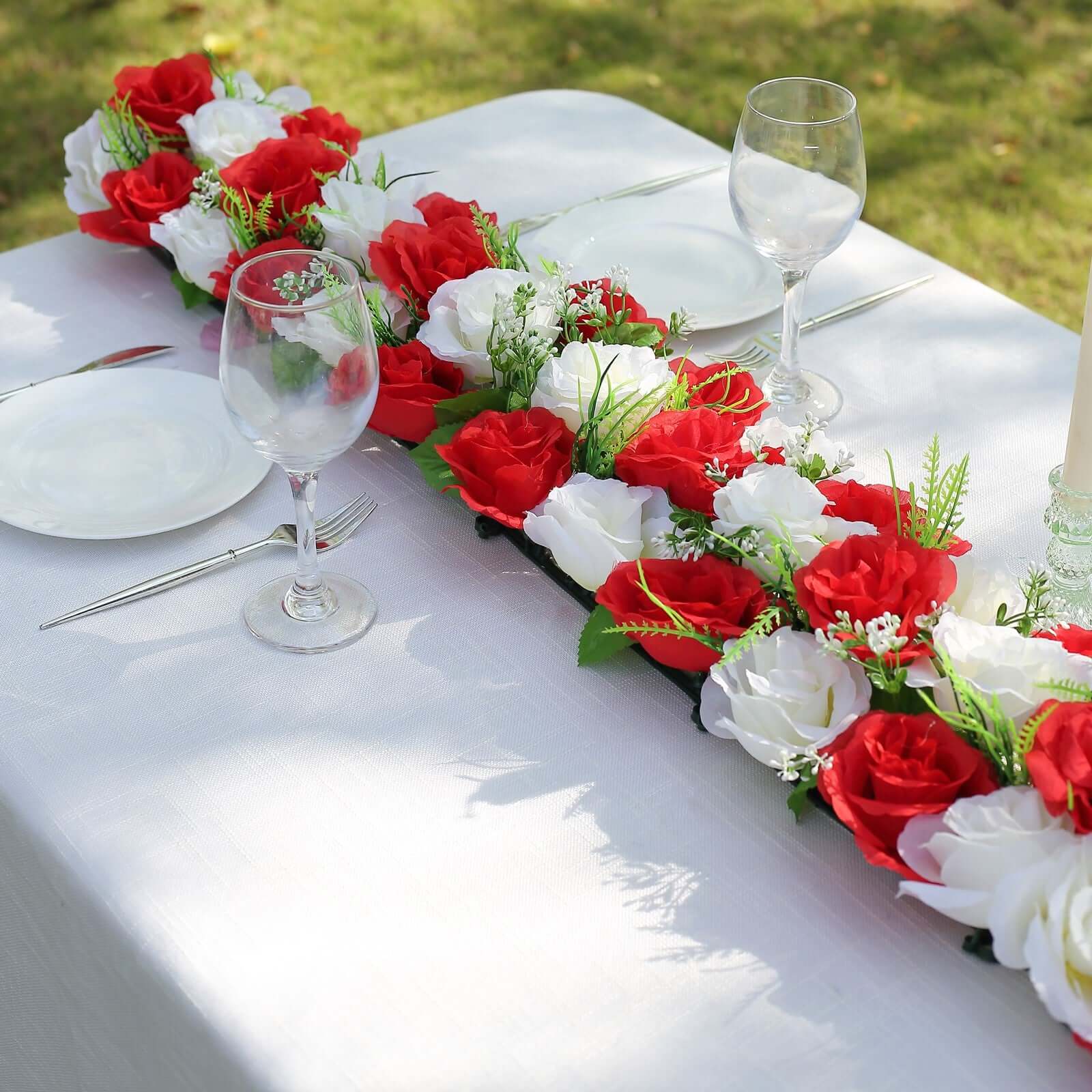 6 Pack Red Ivory Silk Rose Flower Panel Table Runner, Artificial Floral Arrangements Dining Table Decor - 20