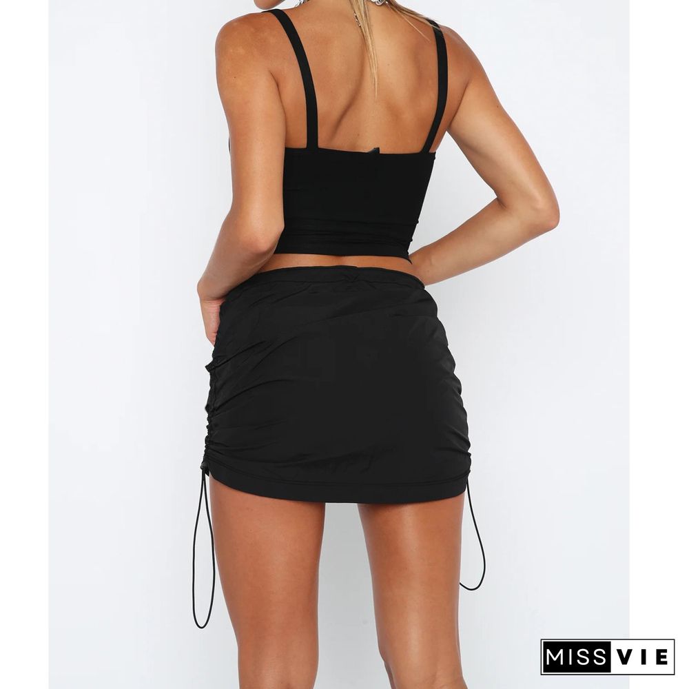 XS Casual Solid Drawstring Ruched Mini Cargo Skirts