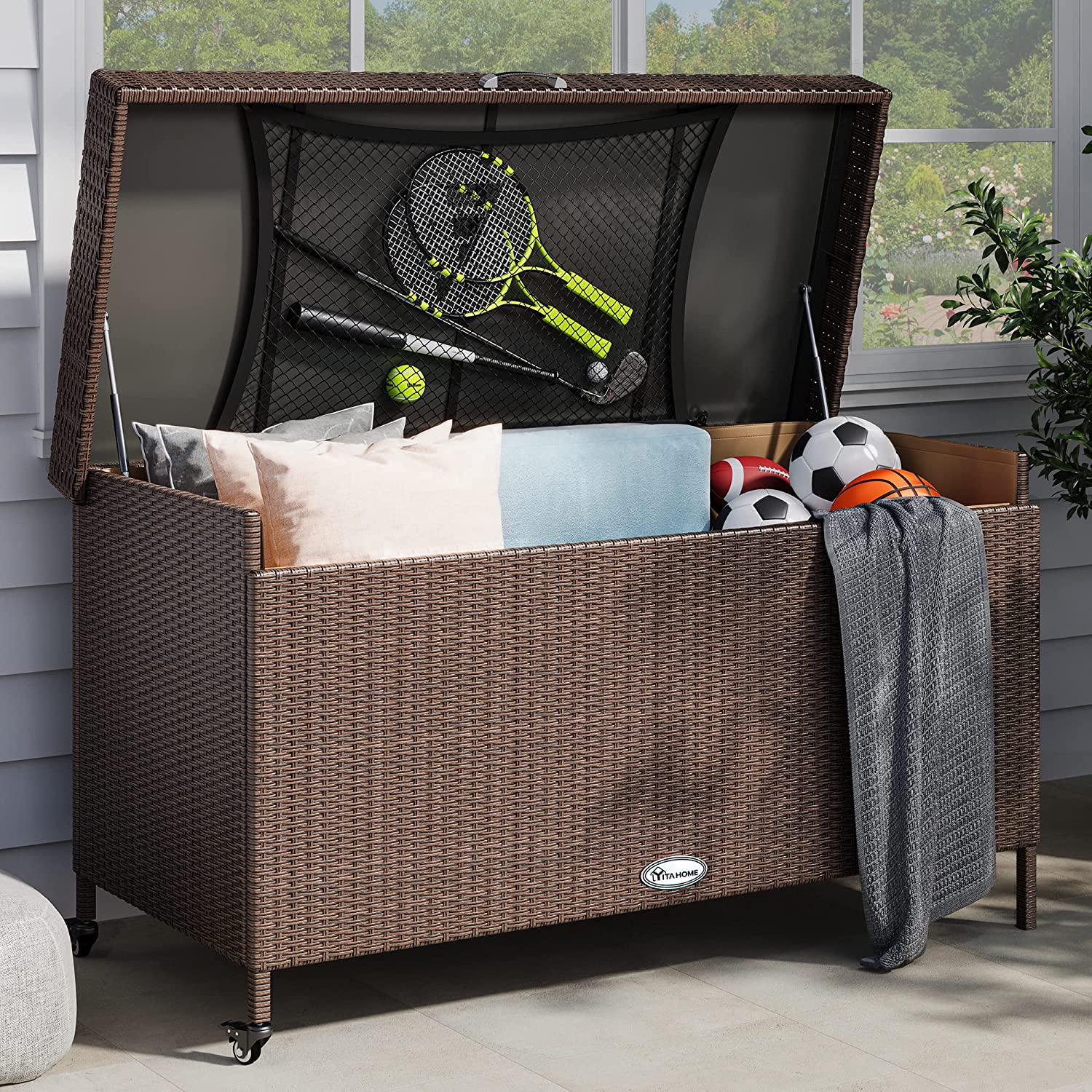 200 Gallon Large Wicker Deck Box w/Storage Net, Rattan XL Outdoor Storage Box Patio Cushion Storage, Waterproof Storage Box for Patio Furniture, Garden Tools, Pool Sports Equipment (Brown)