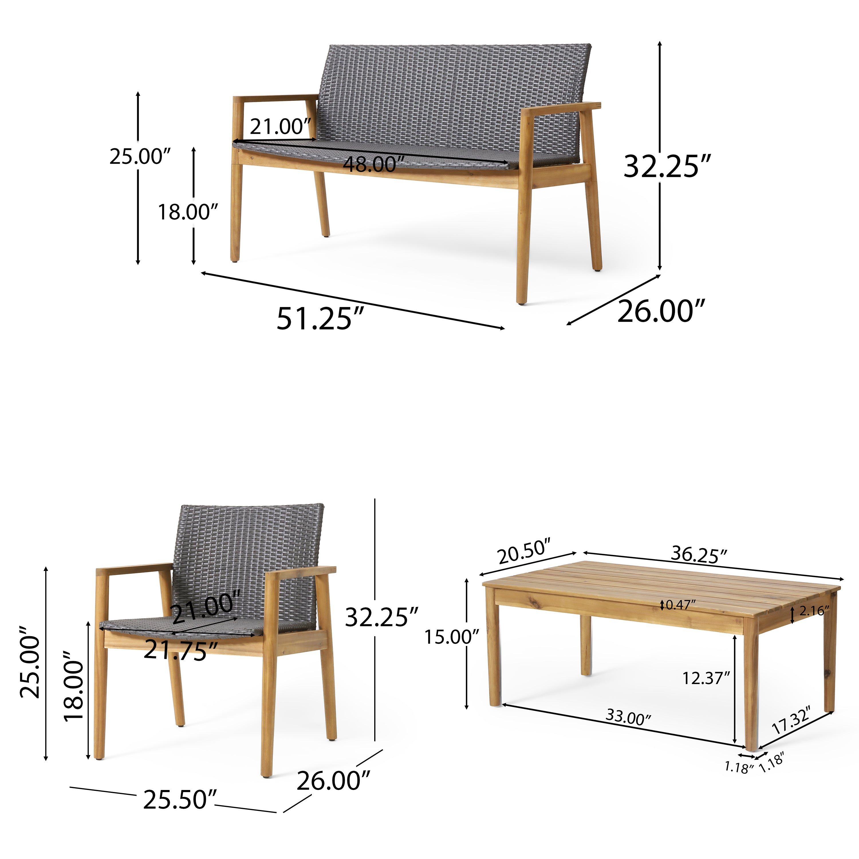 Alamosa Outdoor Wicker and Acacia Wood 4 Seater Chat , Gray and Teak