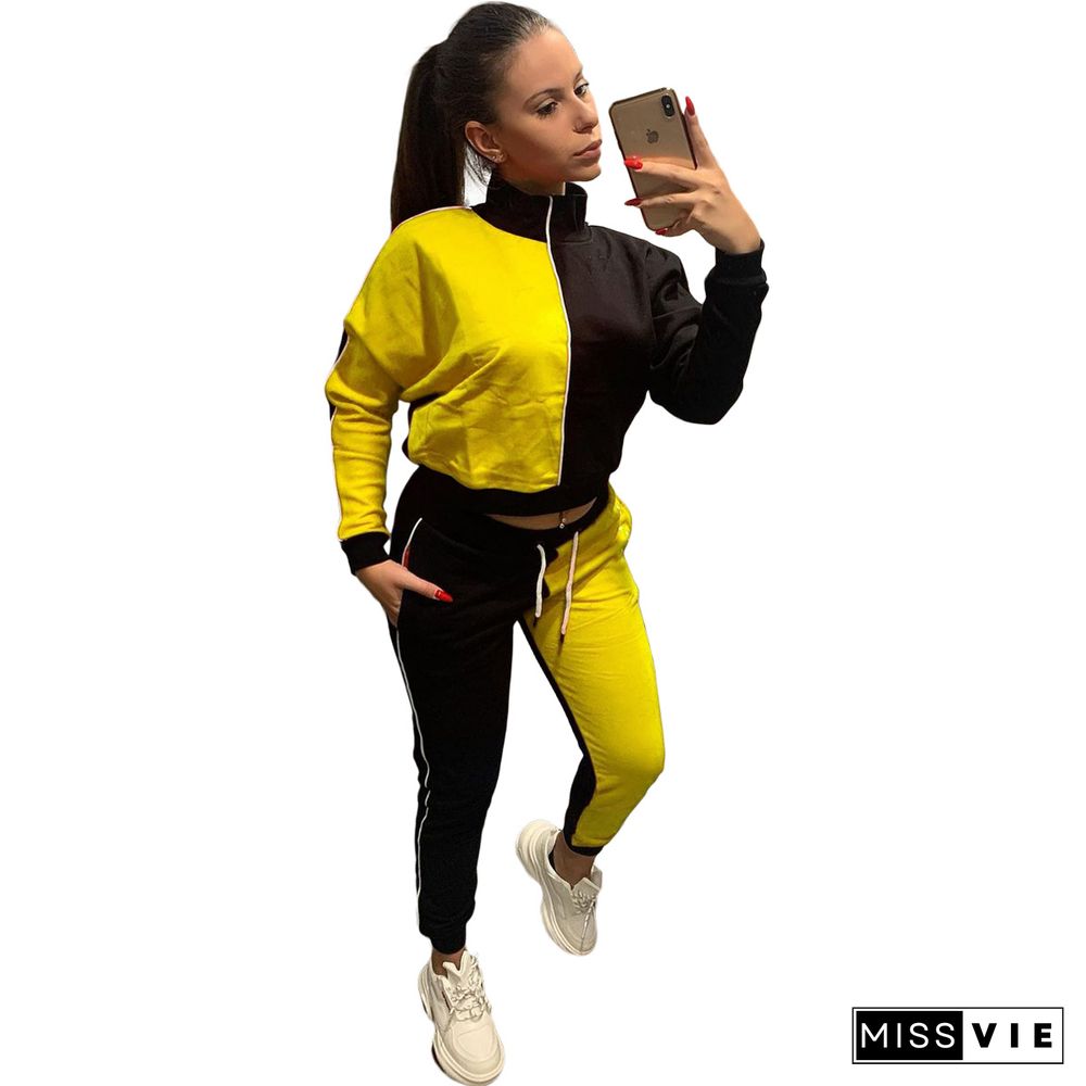 Color Contrast Zip Jacket Sporty Pants Two Piece Set