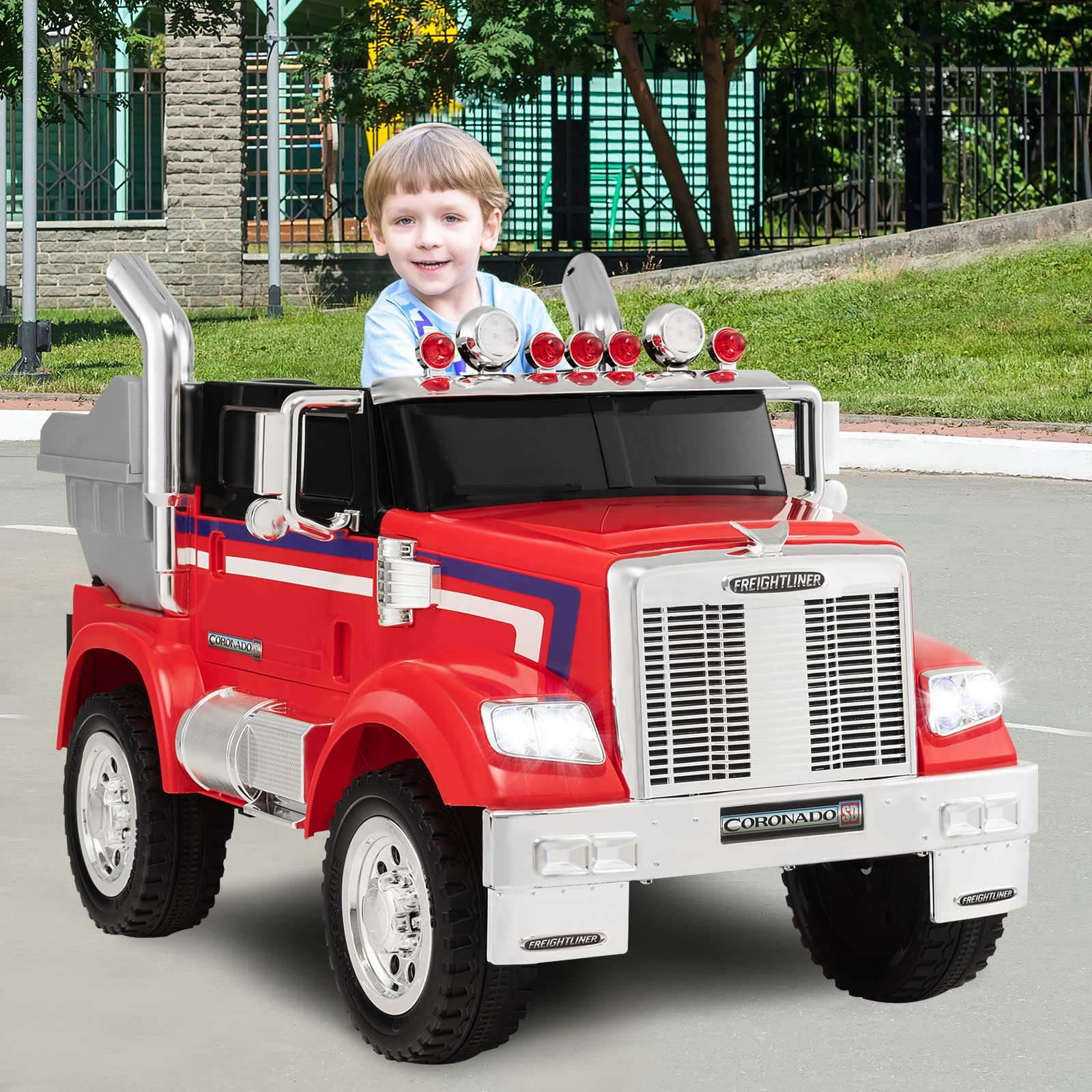 Costzon Electric Car for Kids, 12V Licensed Freightliner Ride on Dump Truck w/ Remote Control, Rear Loader