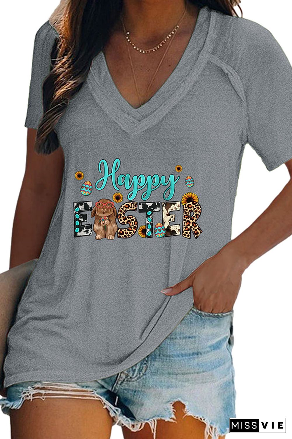 Happy Easter V Neck Graphic Tee