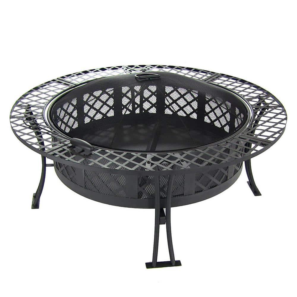 Sunnydaze Decor Diamond Weave 40 in x 20 in Round Steel Wood Burning Fire Pit in Black with Spark Screen