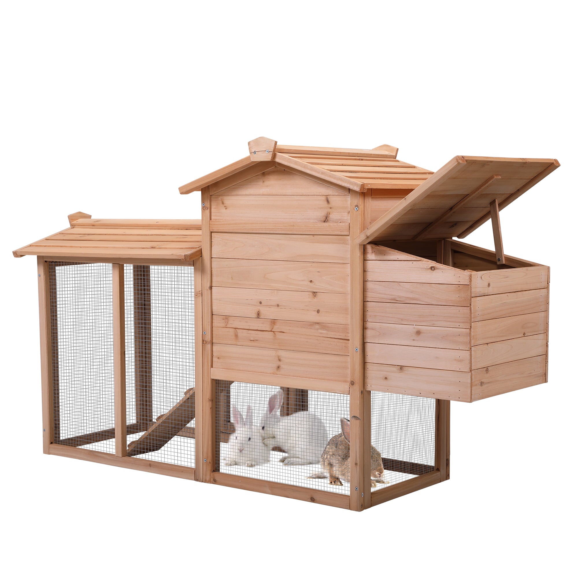 Officery Rabbit Hutch， Outdoor Wooden Pet Bunny House Wooden Cage with Ventilation Gridding Fences， Openable Door， Crib for 2 Rabbits， Original Wood