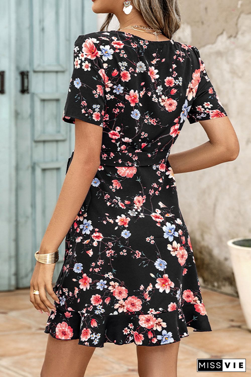 Floral Print V Neck Short Dress Wholesale