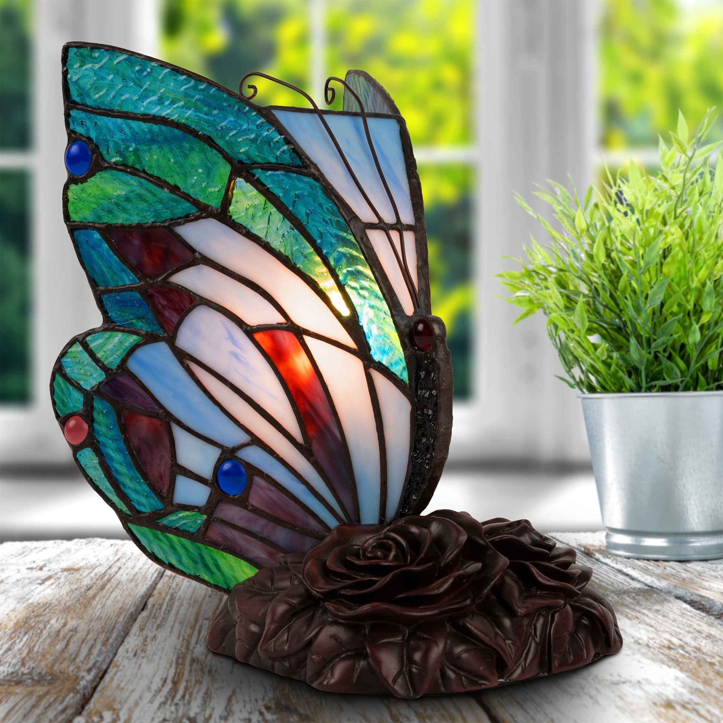 Tiffany Style Butterfly Lamp-Stained Glass Table or Desk Light LED Bulb Included-Vintage Look Colorful Accent Décor by Lavish Home (Pointed Wings)