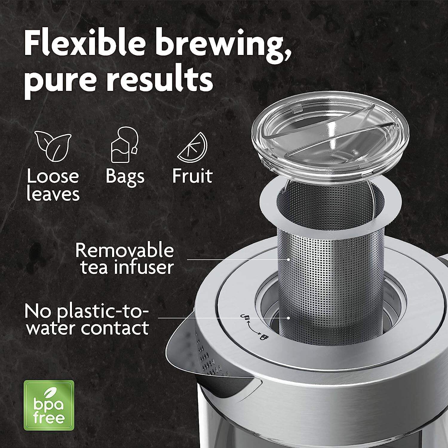 Vianté Hot Tea Maker Electric Glass Kettle with tea infuser and temperature control. Automatic Shut off. Brewing Programs for your favorite teas and Coffee.