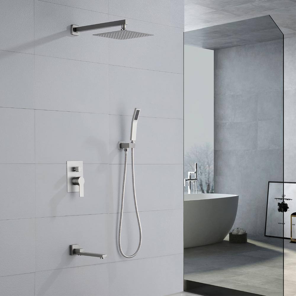 FLG Single-Handle Rain 1-Spray 10 in. Wall Mounted Tub and Shower Faucet with Hand Shower in Brushed Nickel (Valve Included) SS-0210-BN-10