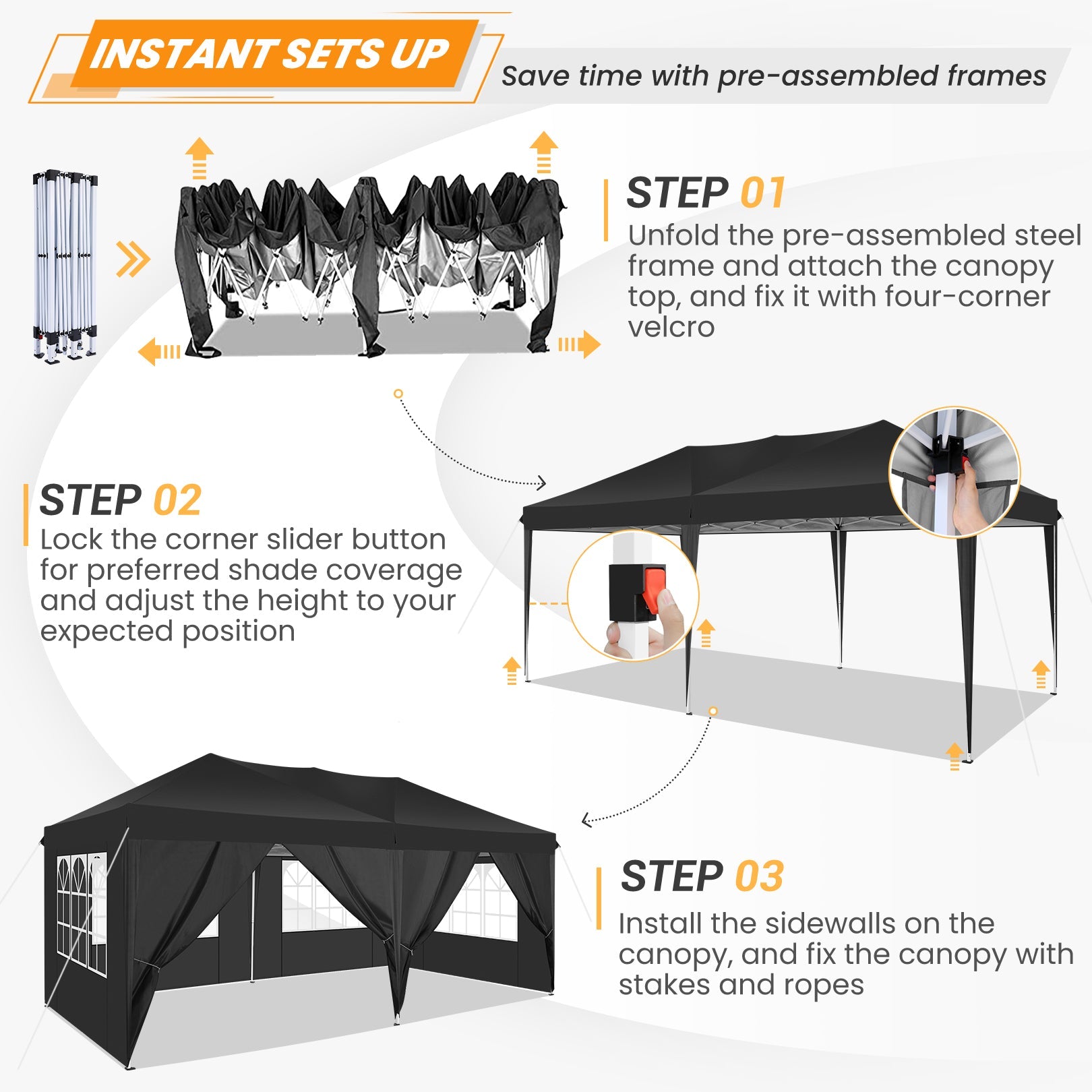 10' x 20' Outdoor Canopy Tent EZ Pop Up Backyard Canopy Portable Party Commercial Instant Canopy Shelter Tent Gazebo with 6 Removable Sidewalls & Carrying Bag for Wedding Picnics Camping, Black