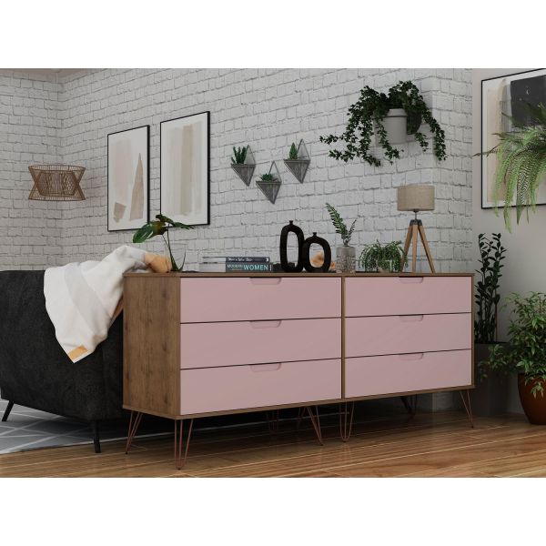 Rockefeller 6-Drawer Double Low Dresser in Native and Rose Pink