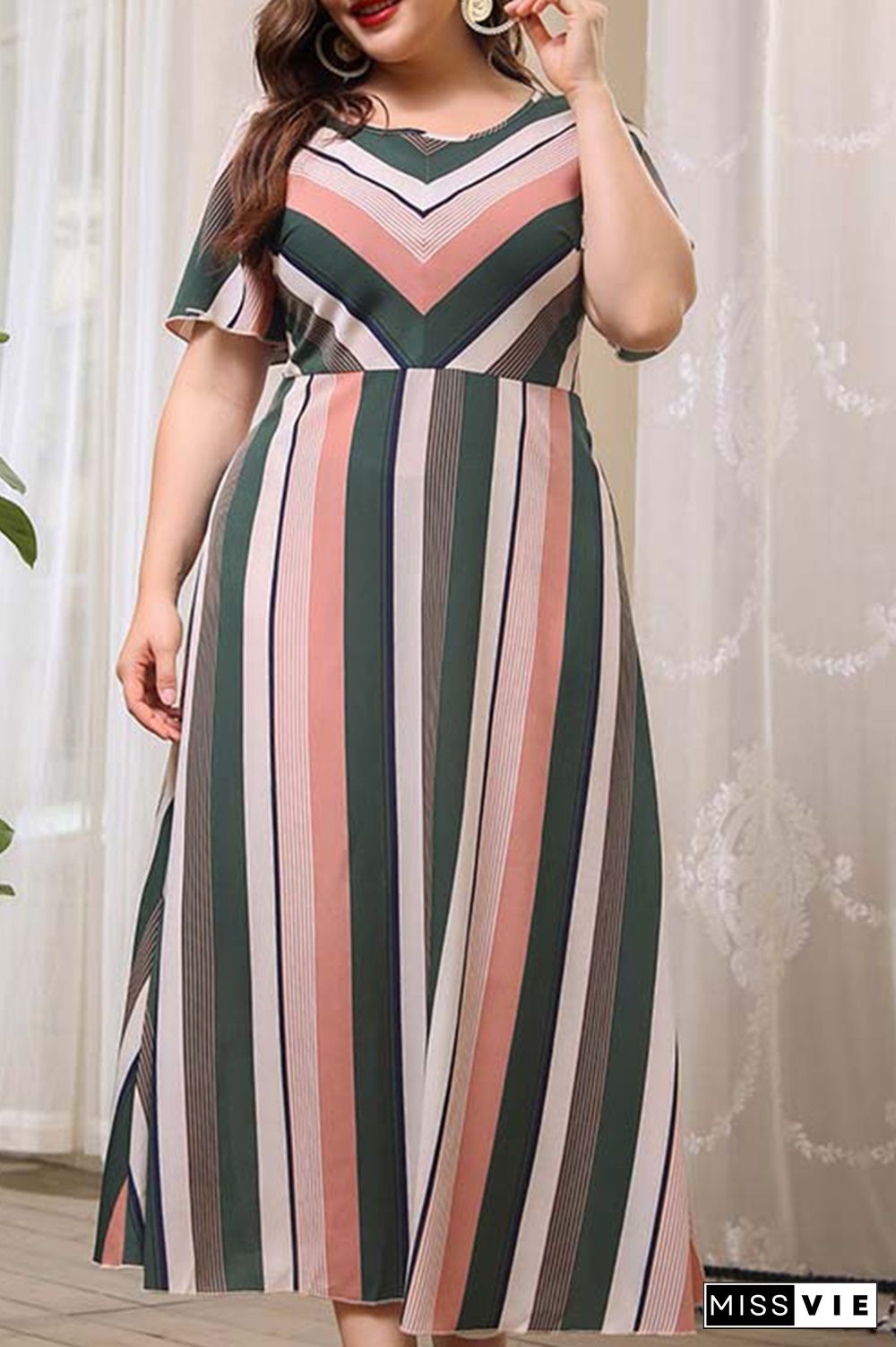 Stripe Print Plus Size Maxi Dress