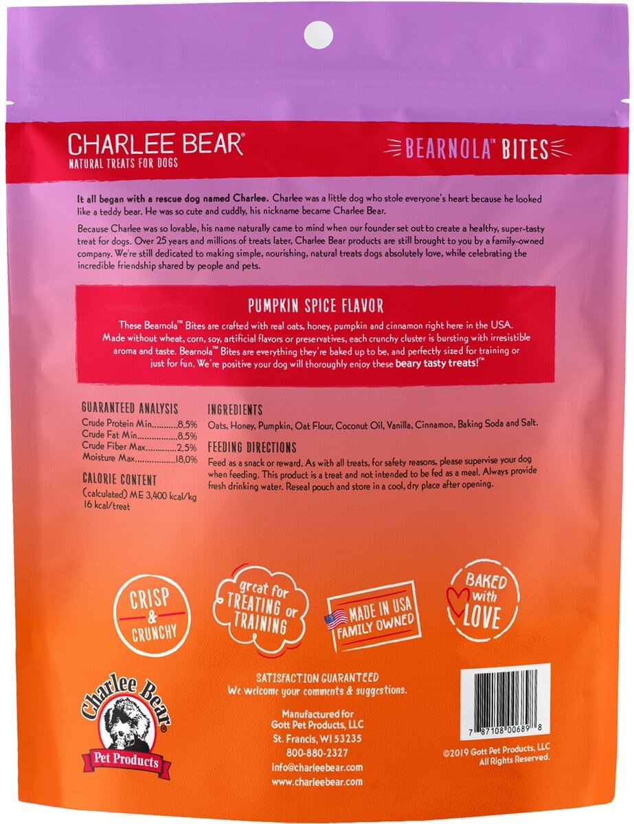 Charlee Bear Bearnola Bites Pumpkin Spice Flavor Dog Treats， 8-oz bag