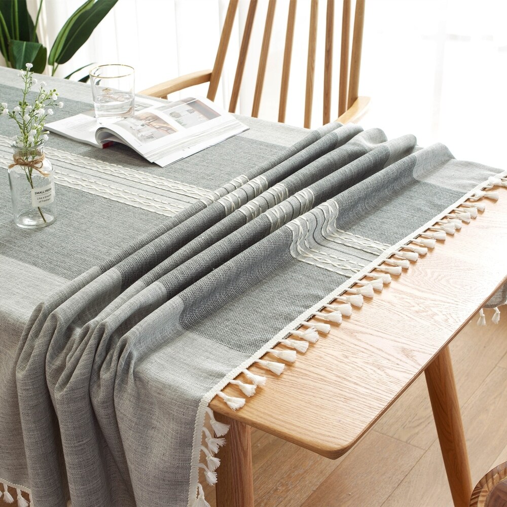 Enova Home Light Grey High Quality Rectangle Cotton and Linen Tablecloth with Tassels