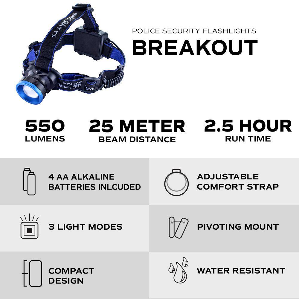 POLICE SECURITY Breakout 550 Lumens Battery Power Headlamp Broad Beam COB Featuring Red Night Vision and Pivoting 98298