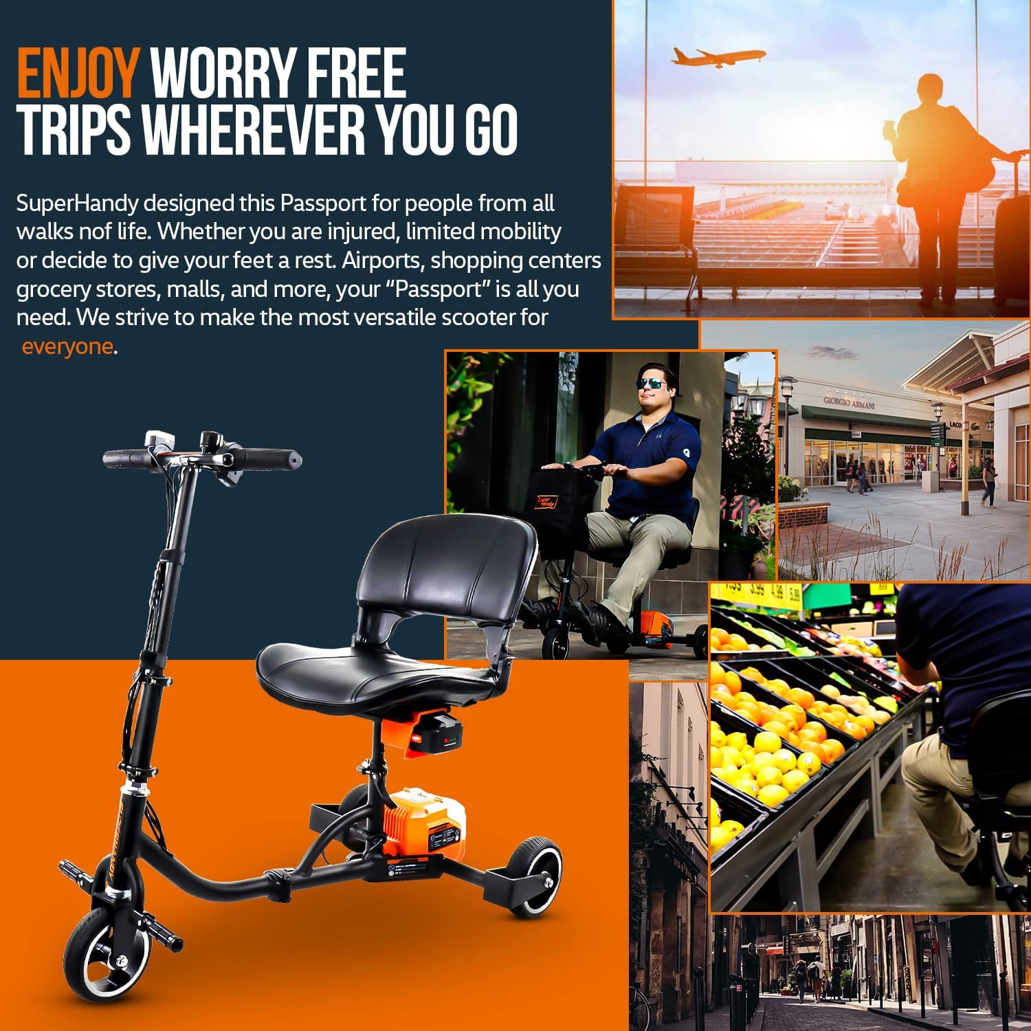 SuperHandy Mobility Scooter 3-Wheel Folding - Lightweight, Long Range, 48V 2Ah Battery System