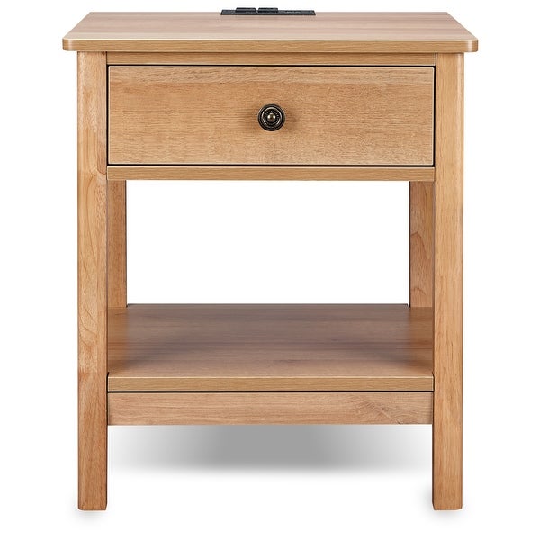 DecorTech Traditional Rectangular End Table with AC Power and USB Charging Ports， Oak