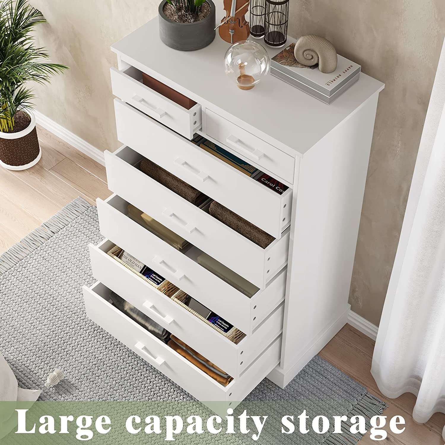 EPHEX 7 Drawer Dresser for Bedroom, Tall Dresser with Metal Handle, Wood Storage Tower Clothes Organizer, White