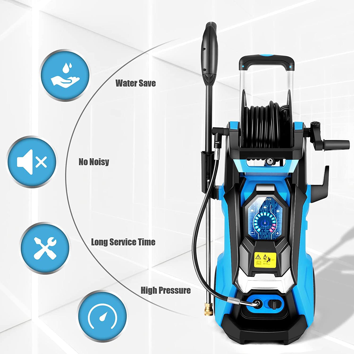 TEANDE Electric Pressure Washer 2.1GPM Smart High Pressure Power Washer 1800W Powerful Cleaner Machine with Hose Reel, 4 Nozzles, Touch Screen 3 Gear Level,15 Level Pressure