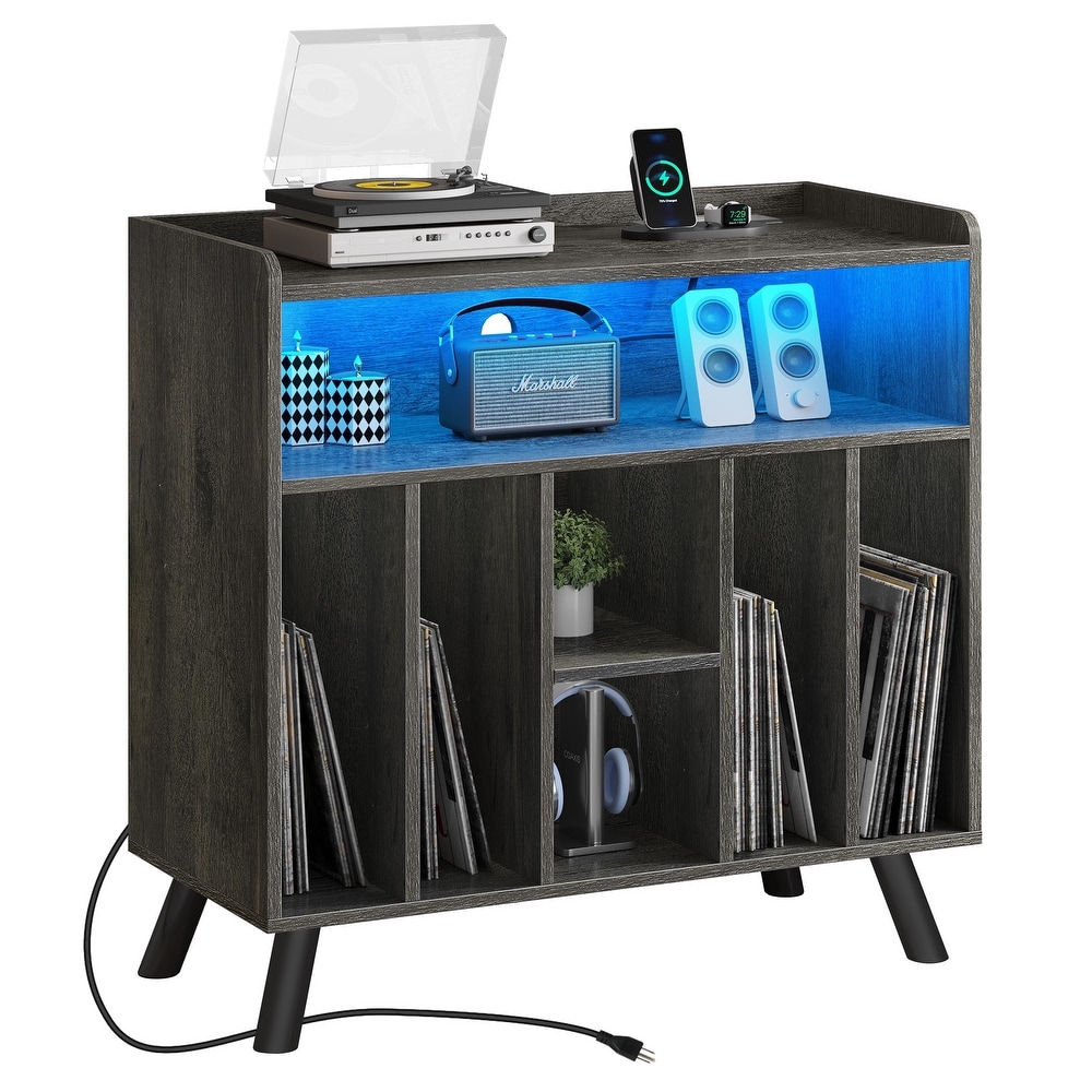 Moasis Record Player Stand with Power Outlets and LED Lights for Living Room Bedroom