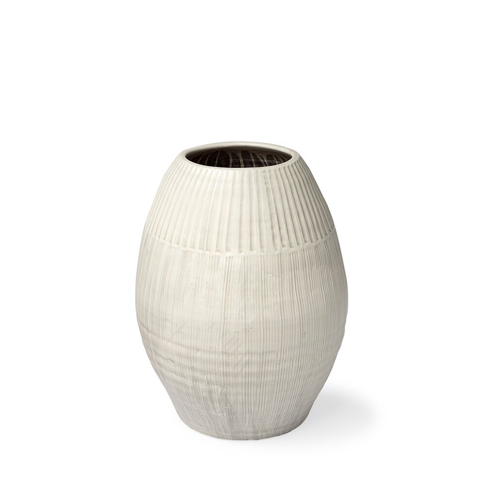 Reyan Large Pearl White Ceramic Striped Vase