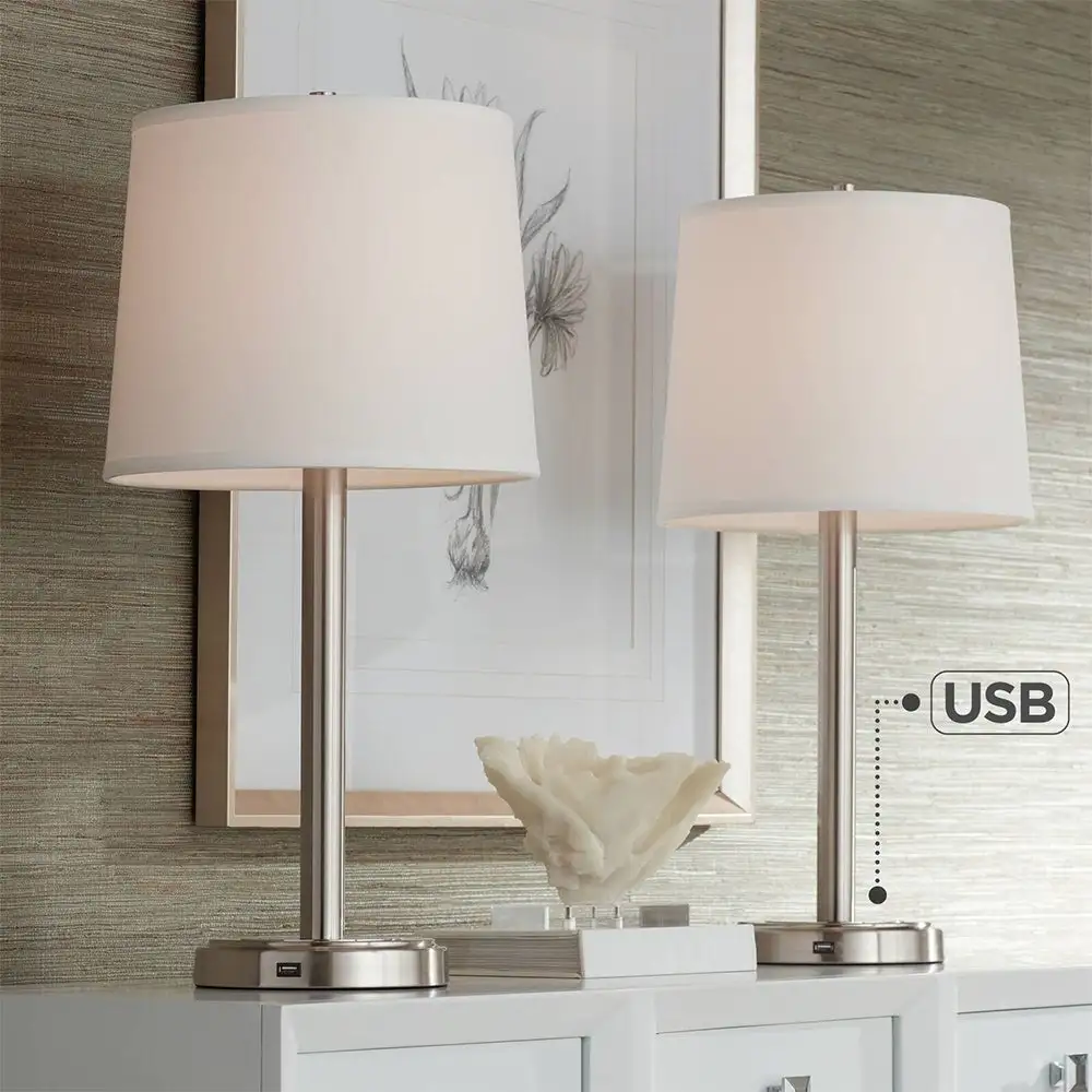 Set of 2 Modern Table Lamps with USB Brushed Steel Off White - 12