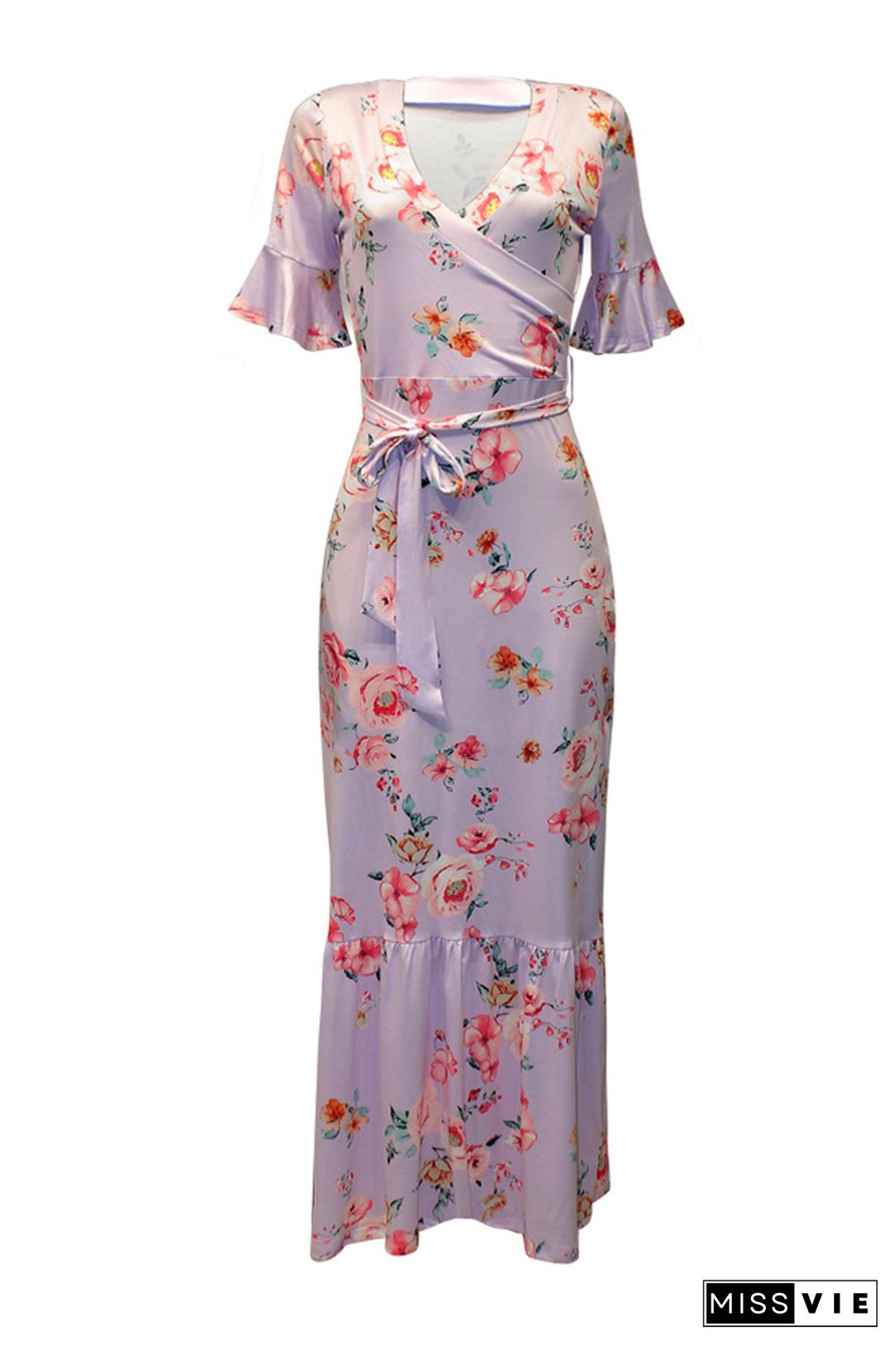 Wrap V Neck Waist Belt Ruffle Floral Maxi Dress Wholesale