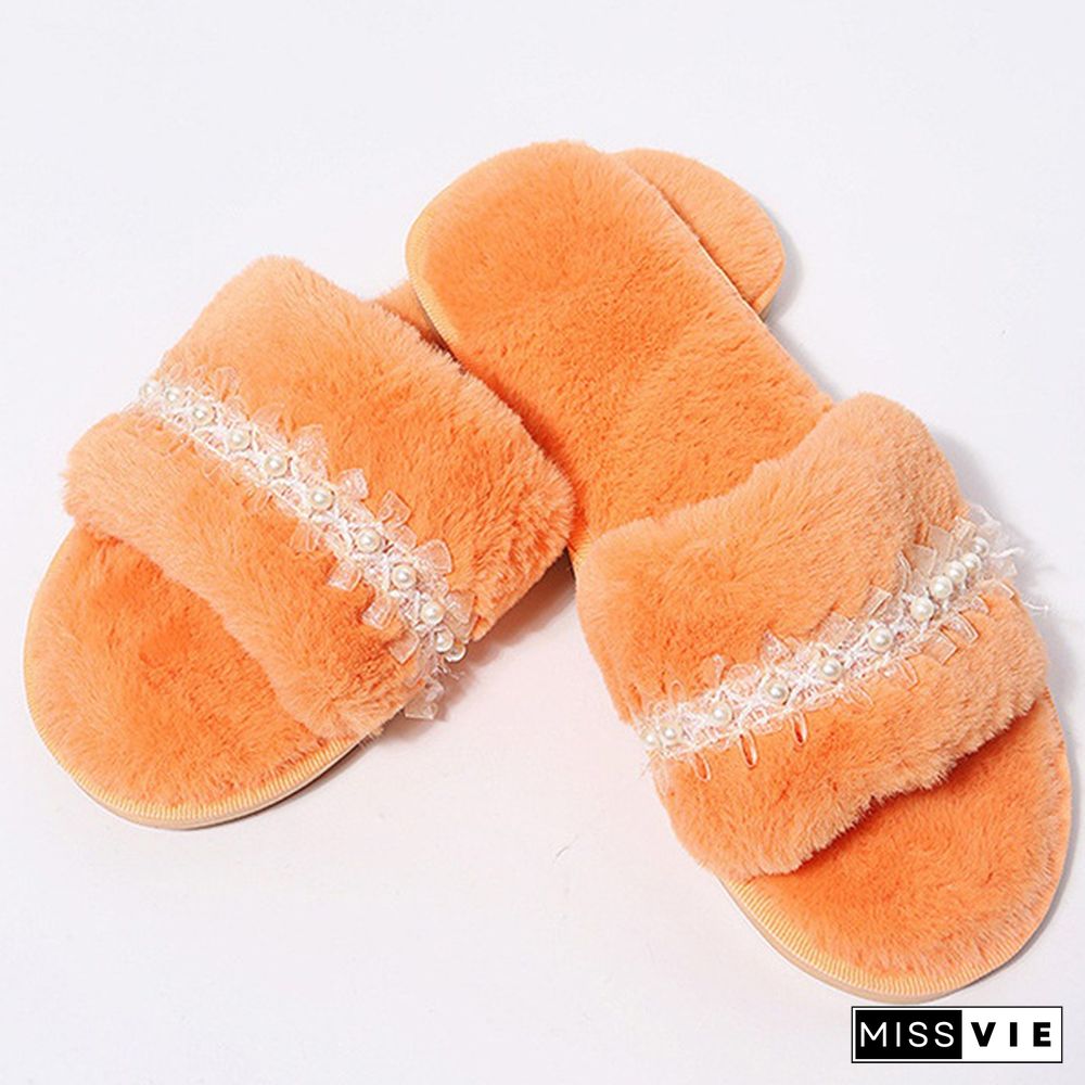 Autumn And Winter Home Furry Pearl Chain Slippers Fashion Flat Women's Cotton Slippers Open-Toe