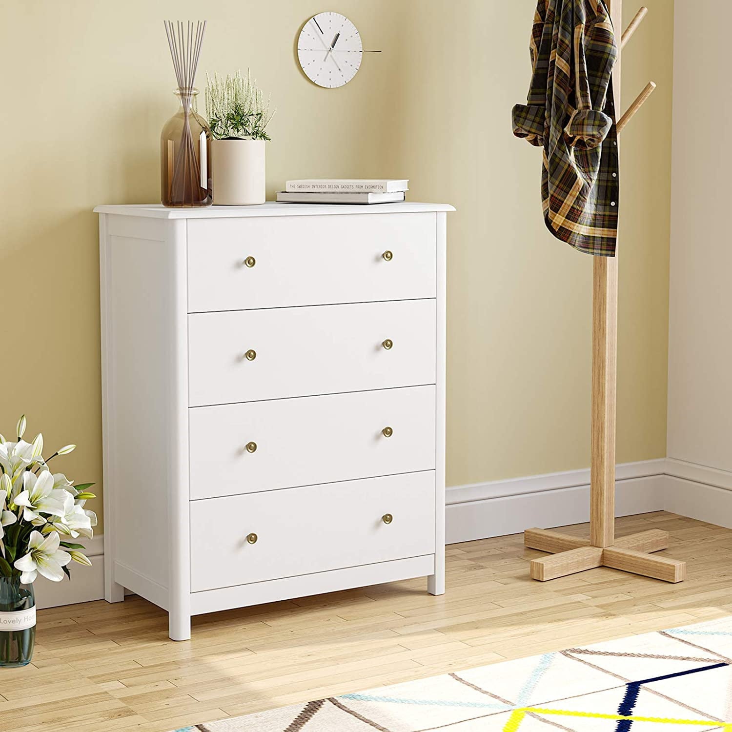 Homfa Horizontal Dresser with 4 Drawer, Wide Chest of Drawers Nightstand for Bedroom Kids Room Closet Entryway, White