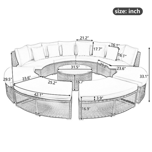 9Piece Outdoor Patio Furniture，Circular Outdoor Sofa Set with Tempered Glass Coffee Table