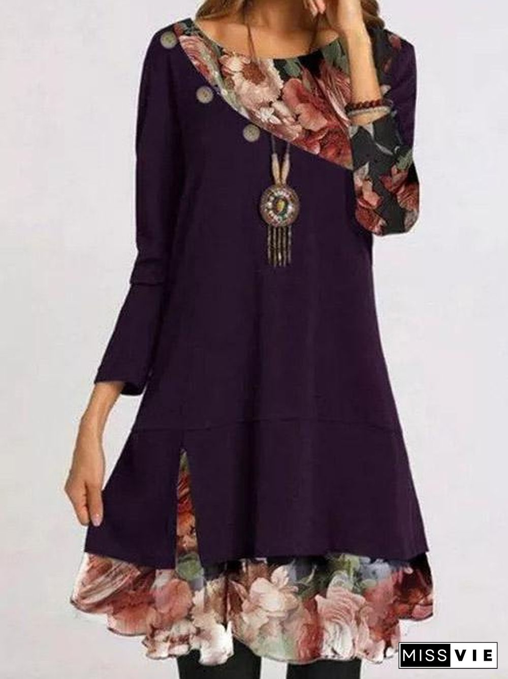 Women Long Sleeve Round Neck Floral Printed Mini Dress